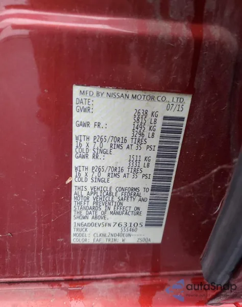 2015 Nissan Frontier S from USA, damaged, VIN 1N6AD0EV5FN763105